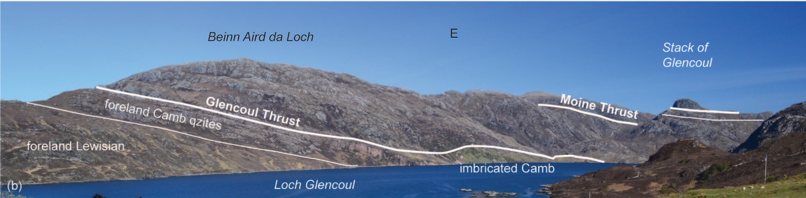 Beinn ard da loch – Across the loch there are layers in the hillside. The layers tilt downward to the right (east).