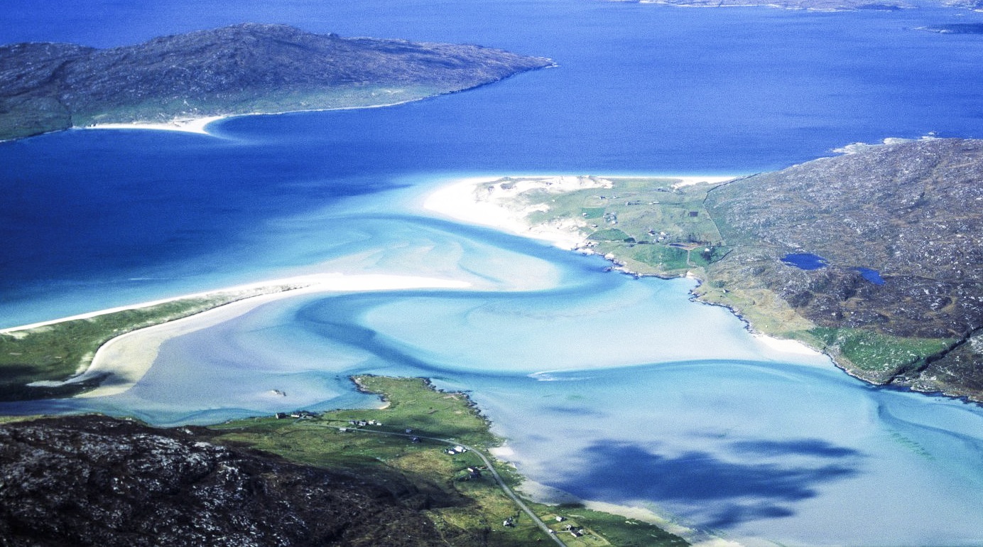 Aerial view of coastal landscape at Luskentyre and Taransay, Harris, Western Isles Area.