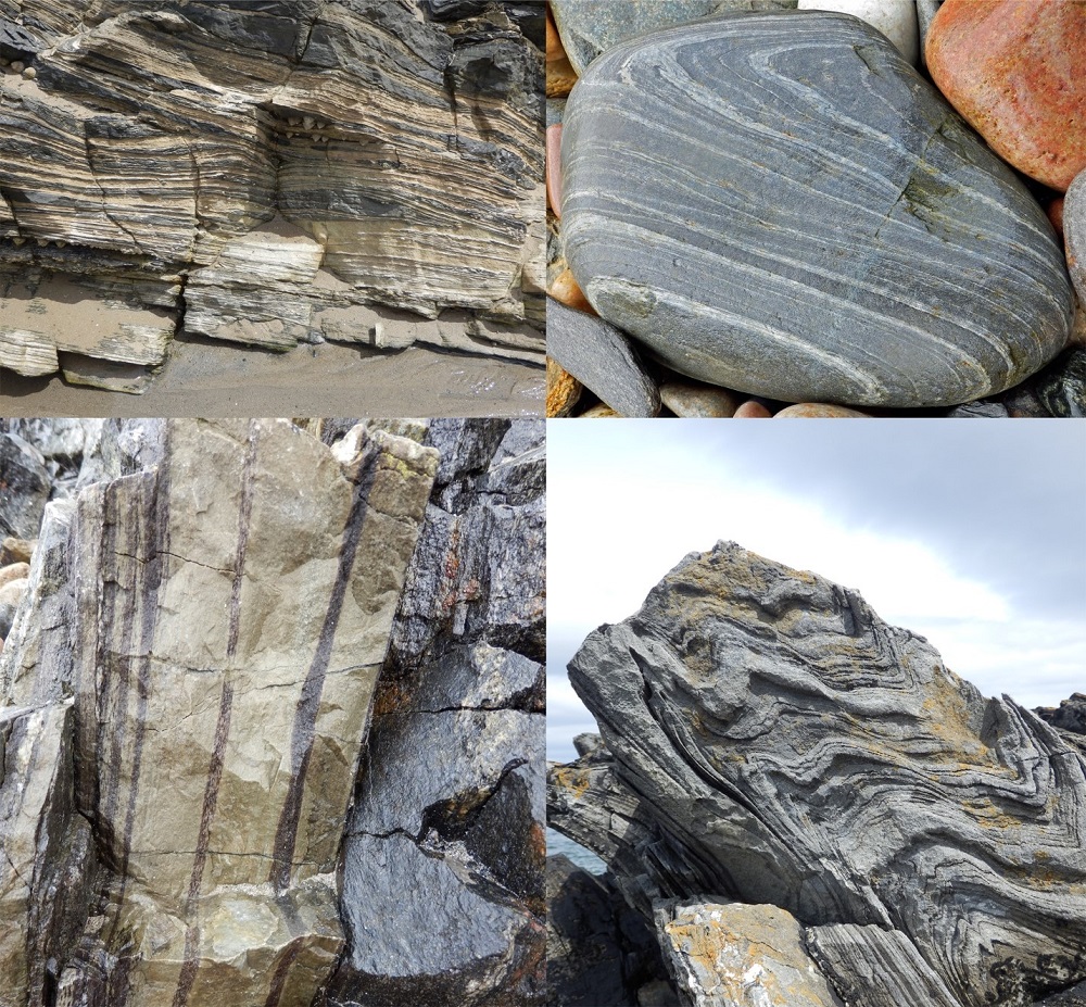 Three outcrops and a boulder of Portsoy Limestone with typical interbedded dark and pale carbonate-rich mudstones. Fold structures are common and are particularly well seen at outcrops close to the Old Swimming Pool.