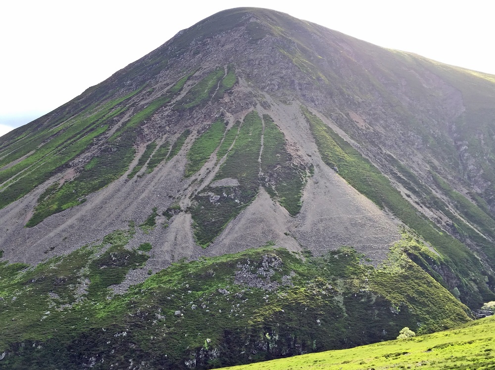 At least six active debris cones are spreading over this corner of Creag na Caillich, gradually reducing the angle of slope and eventually contributing to the infilling of the valley below.