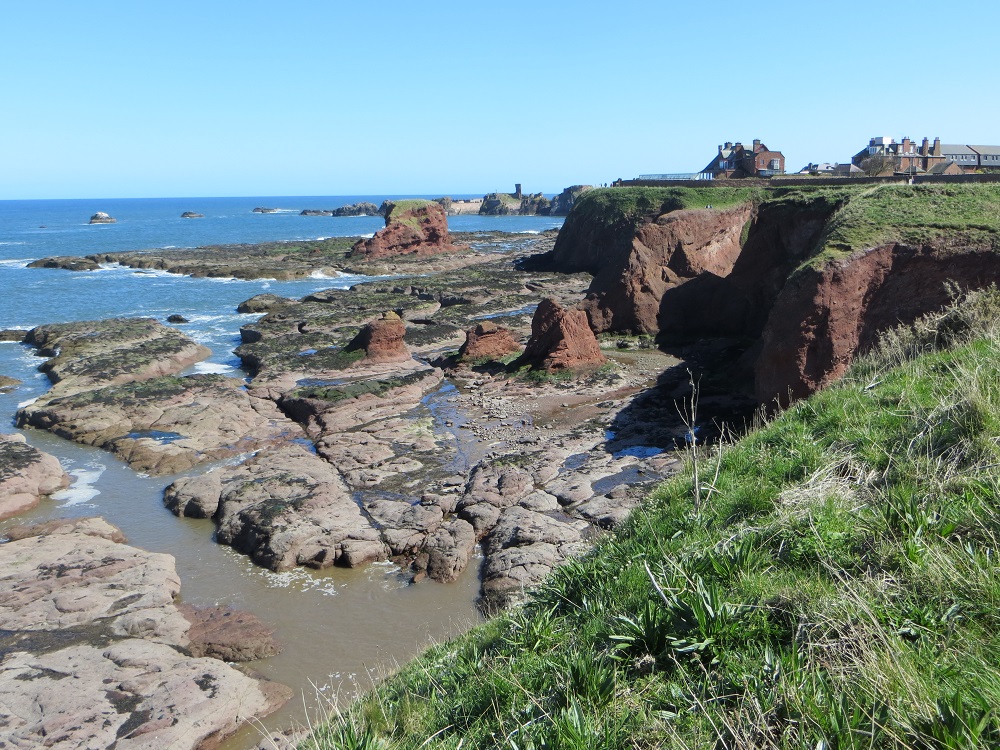 Dunbar Cliff Trail, 345 million years old red and orange, bedded, air-fall ashes; superb wave-cut rock platform with sea stacks, and hollowed out joints.