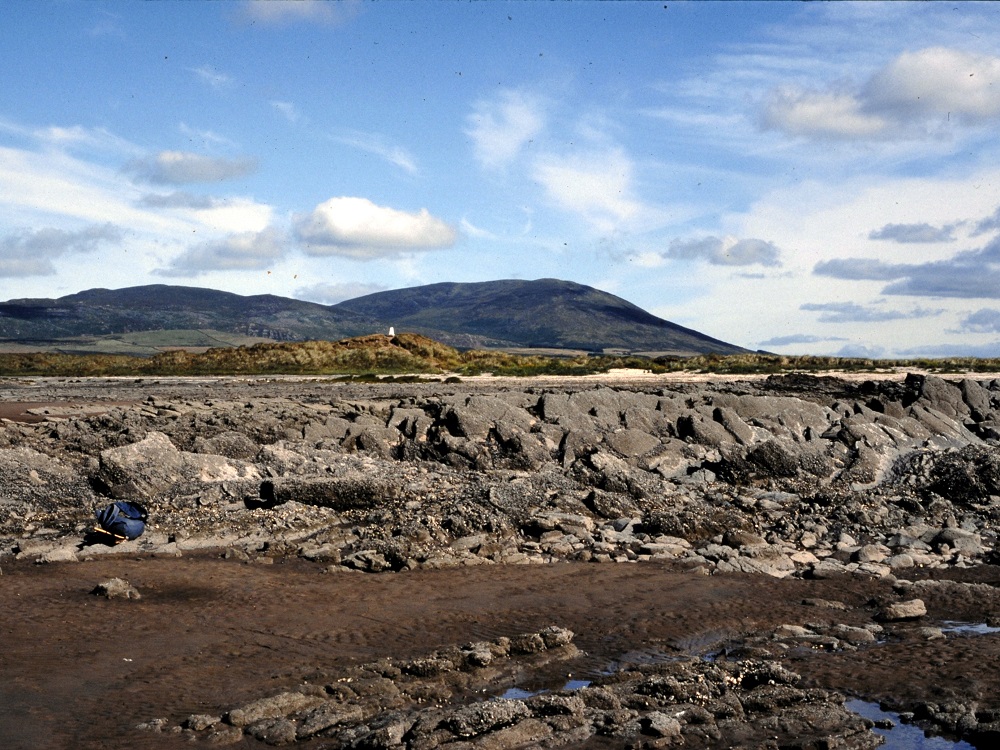 View looking north-east to granite mass of Criffel from the Southerness shore with thick sandstone beds in the foreground.