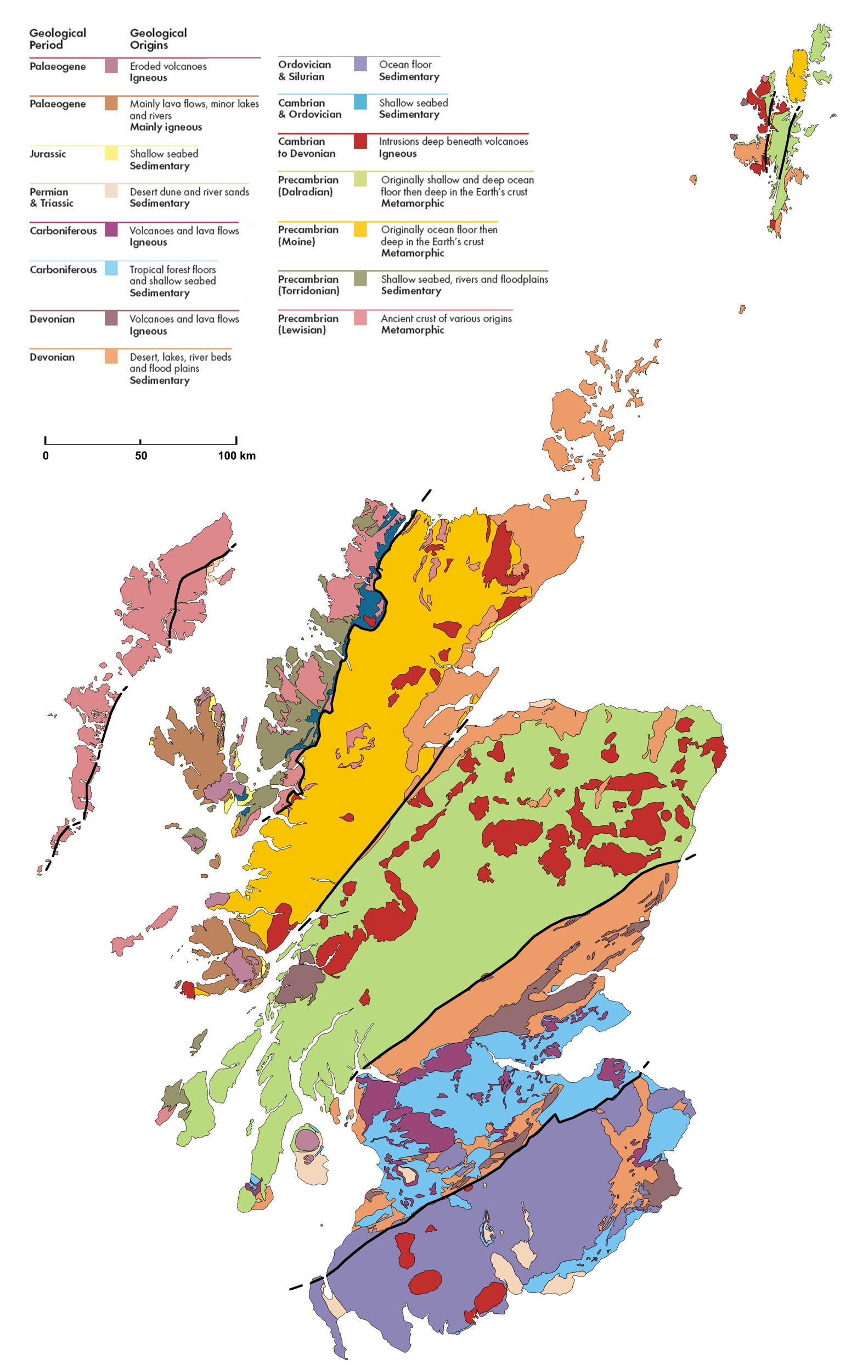 Simplified map of Scotland's geology Simplified map of Scotland's geology, showing the main rock types found in Scotland, their approximate age and geological origins.