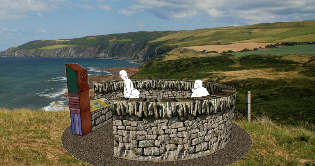 Viewpoint-on-photo Artists impression of the viewpoint superimposed on an image of the land above Siccar Point. The viewpoint is a circular stone structure with interpretation panels. The landscape shows green fields sloping down to the left, ending in grey and red cliffs that meet the blue sea.